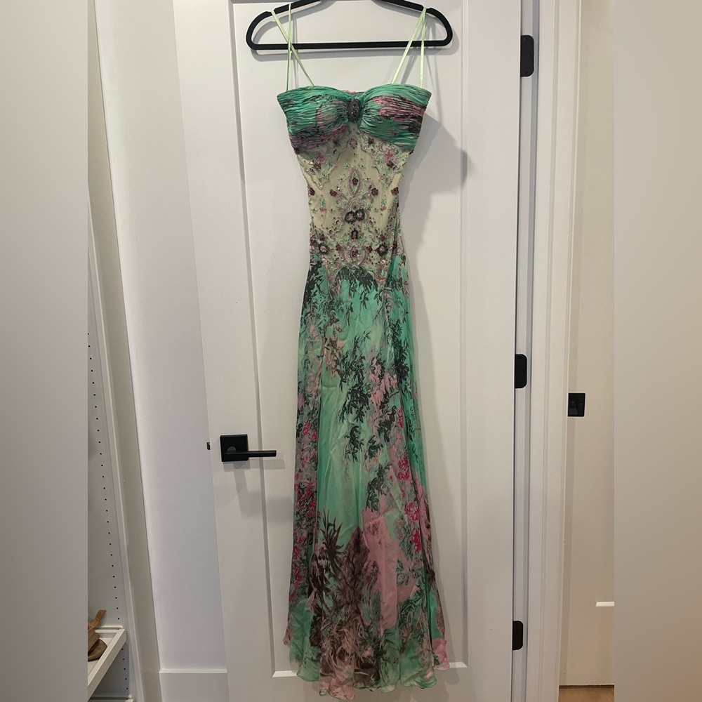Mac Duggal Couture Green Floral Embroidered Dress Sz 2 w Broach
